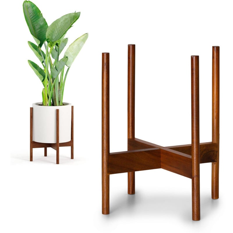 Fox & Fern Mid Century Plant Stand â€” 11.8 Inch Fixed Size Wooden Plant Stand for Indoor Planters (Not Included) - Large Flower Pot Holder for Indoor Big Pots - Plug In Design - Two Heights - Acacia - Image 1
